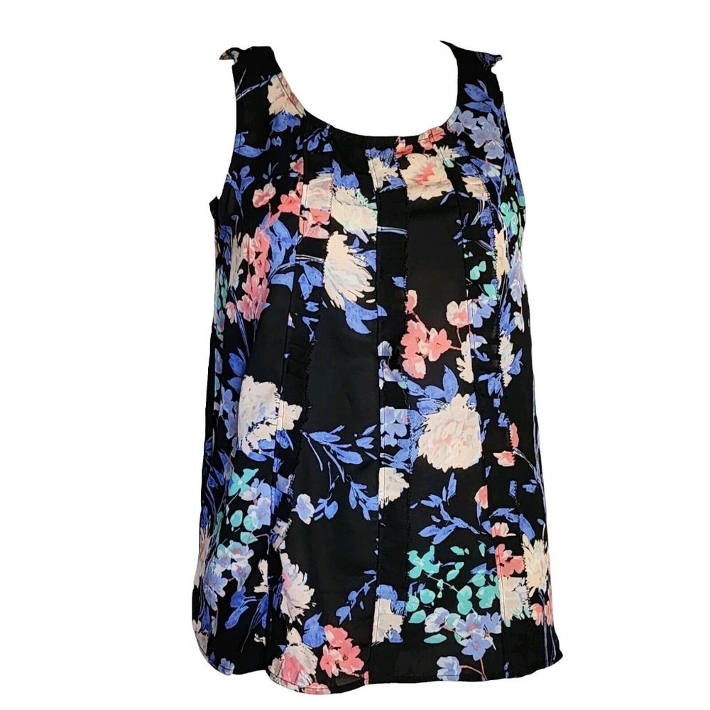 Elle Tank Top Womens Size S Small Blue Black‎ Pink Floral Sleeveless Pullover
